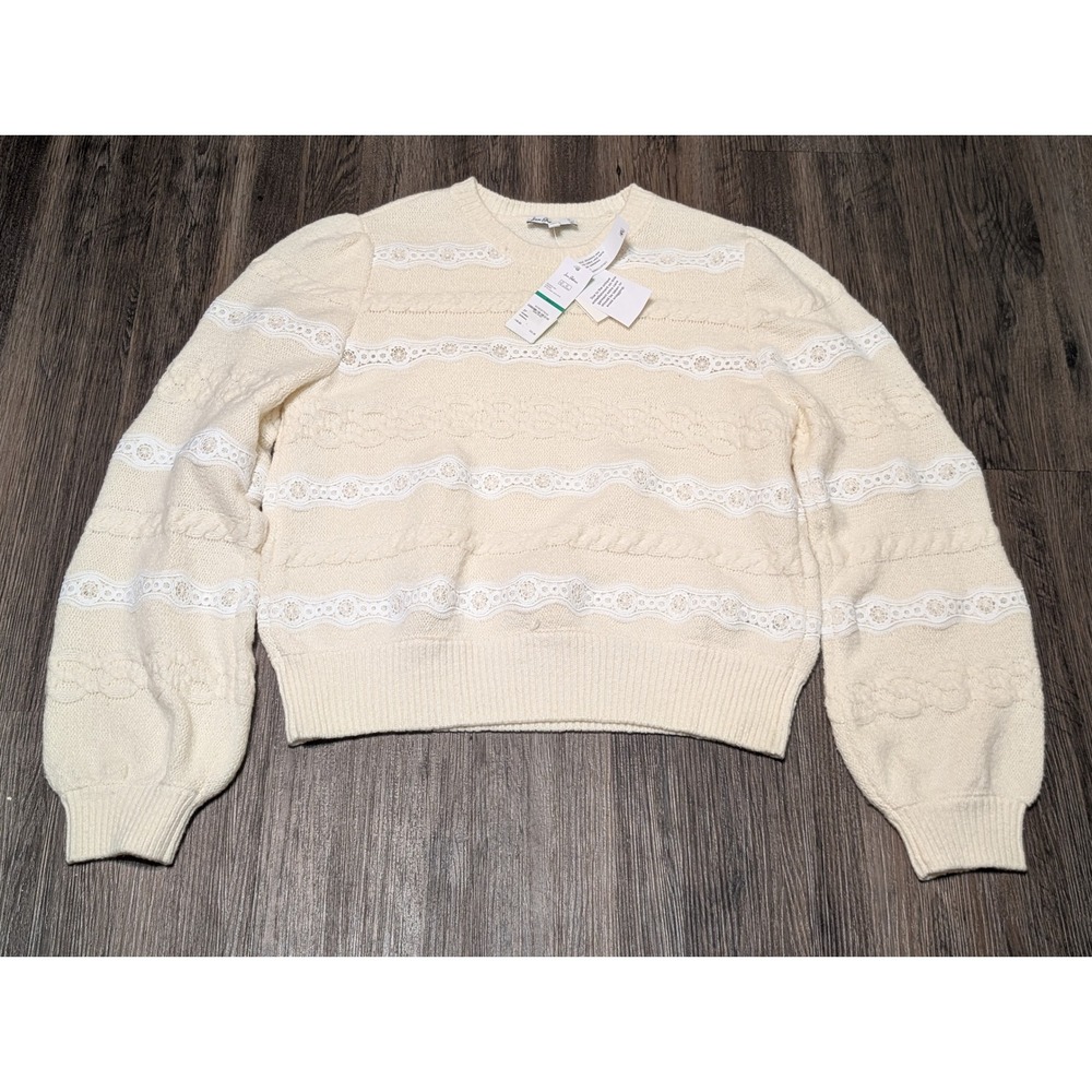 Sam Edelman‎ Cable Knit Lace Trim Sweater Puff Sleeve Cream Size L